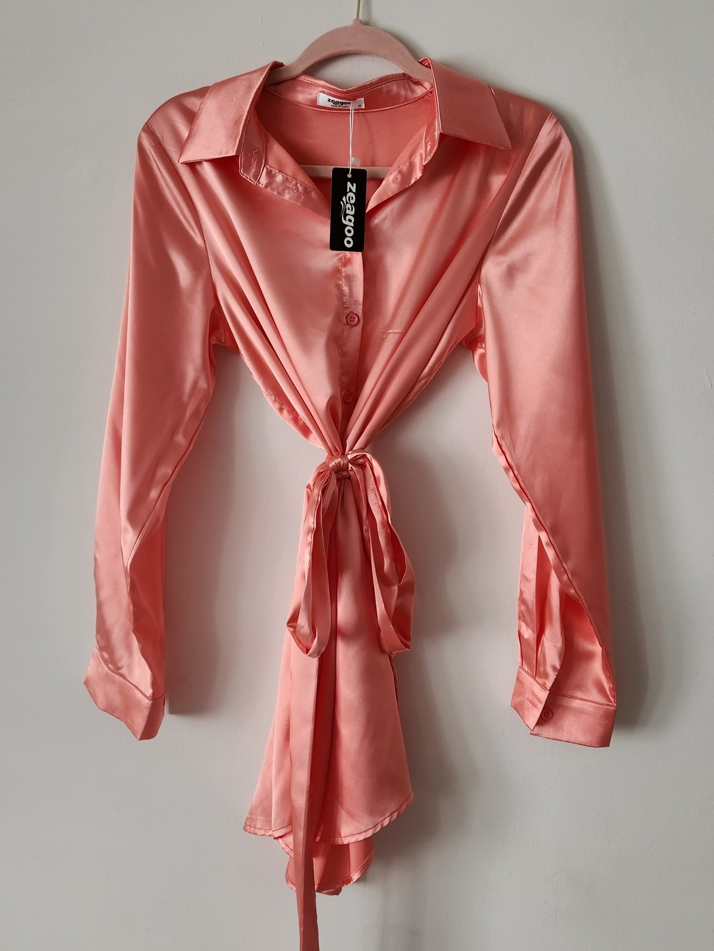 Zeggoo Coral Satin Tie-Front Blouse